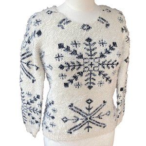 Finn & Clover Snowflake Sweater Cream Blue Fuzzy Holiday Sz M